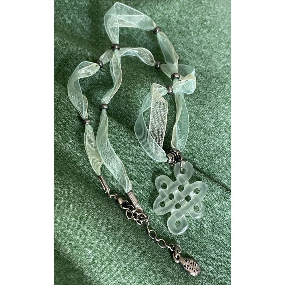 Sterling Silver Austin Design Mystic Knot Pendant Necklace Green Organza Ribbon